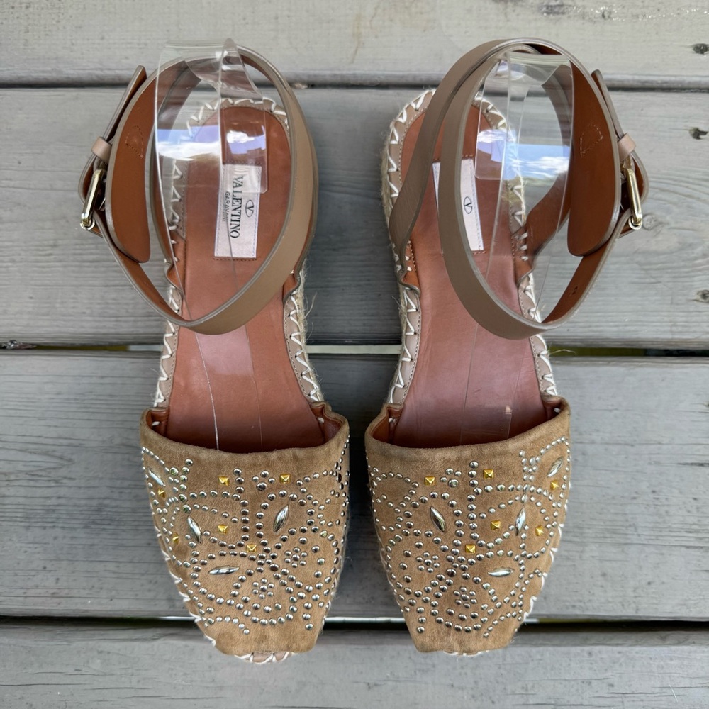 Valentino Garavani Brown Suede Peep Toe Ankle Strap Platform Espadrilles size 40 - Picture 6 of 13